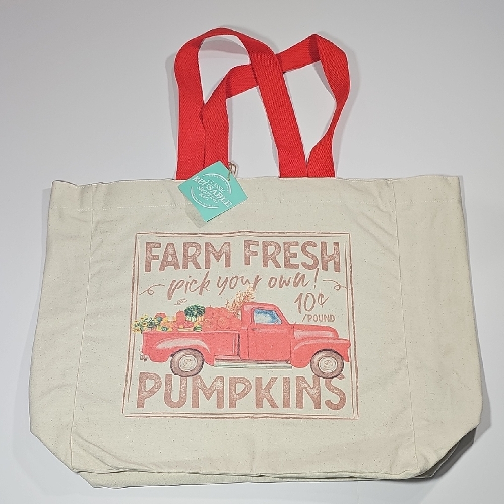 Farm Fresh Pumpkins Reusable Shopping Bag Tote.  16" L x 6" W x 17 T